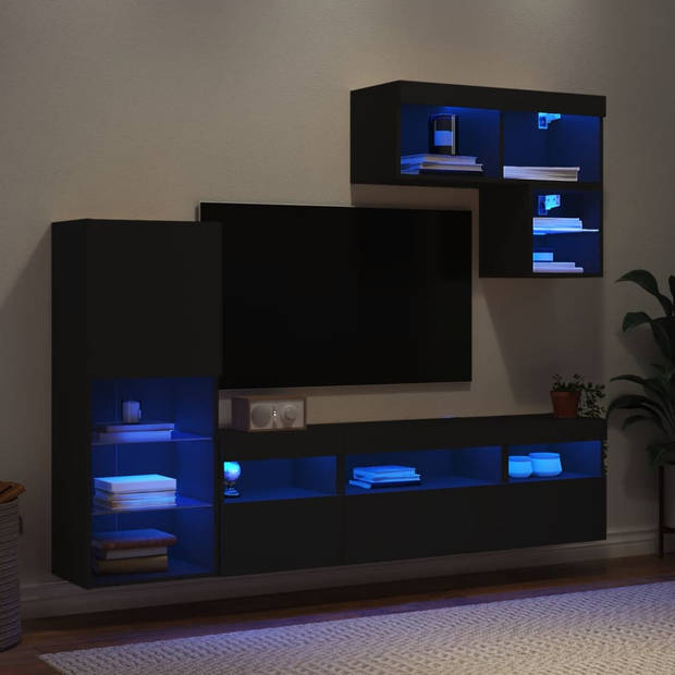 vidaXL 6-delige Tv-wandmeubelset met LED bewerkt hout zwart