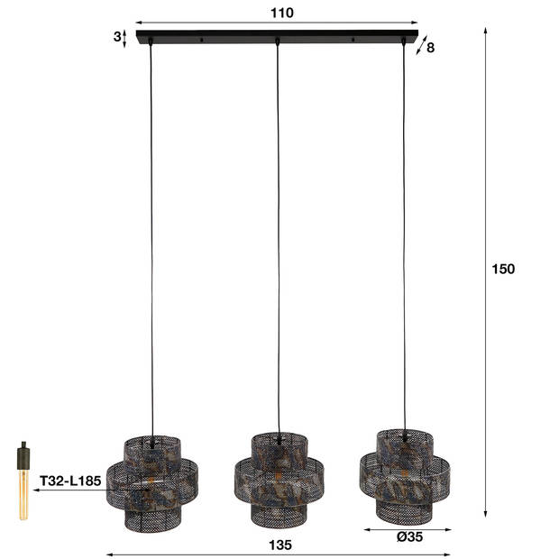 Giga Meubel - Hanglamp Metaal - Zwart/Bruin - 3-Lichts - 135x35x150cm