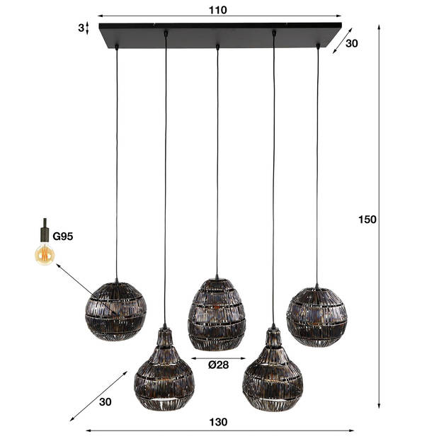 Giga Meubel - Hanglamp Metaal - Zwart/Bruin 5-Lichts - 130x30x150cm