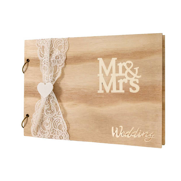 Intirilife huwelijksgastenboek mr & mrs vintage diy houten trouwboek - 26,1 x 18,9 x 0,9 cm - creatief trouwalbum