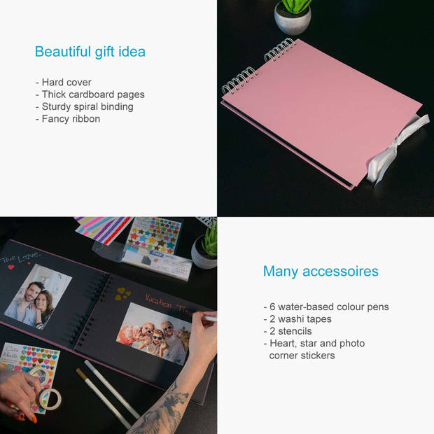 Intirilife pas je fotoalbum aan in roze - 30.5 x 21.5 x 1.8 cm - spiraalgebonden fotoalbum met 80 zwarte pagina's