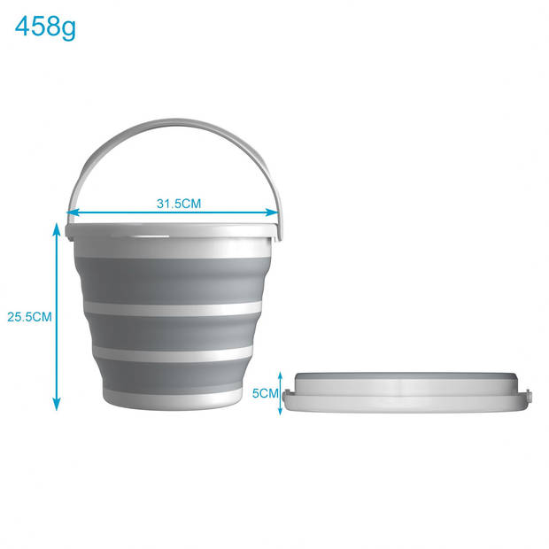 Intirilife emmer opvouwbaar 10 liter in grijs - wit - 34 x 33 x 25 cm - opvouwbare emmer voor schoonmaken wateremmer