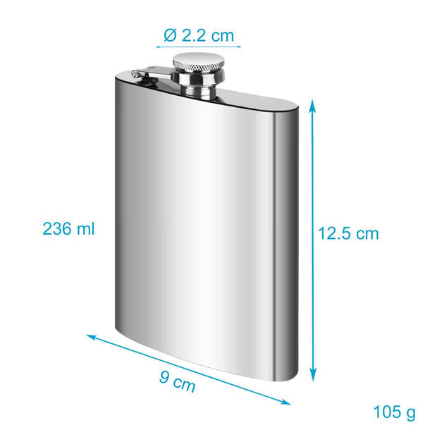 Intirilife praktische roestvrijstalen heupfles borrelgarnituur in zilver met 250 ml vulcapaciteit - om onderweg verfriss