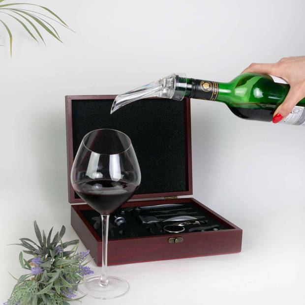 Intirilife 9-delige sommelierset, wijnaccessoires in een elegante houten kist 27 x 22 x 7 cm met wijnopener, kurkentrekk