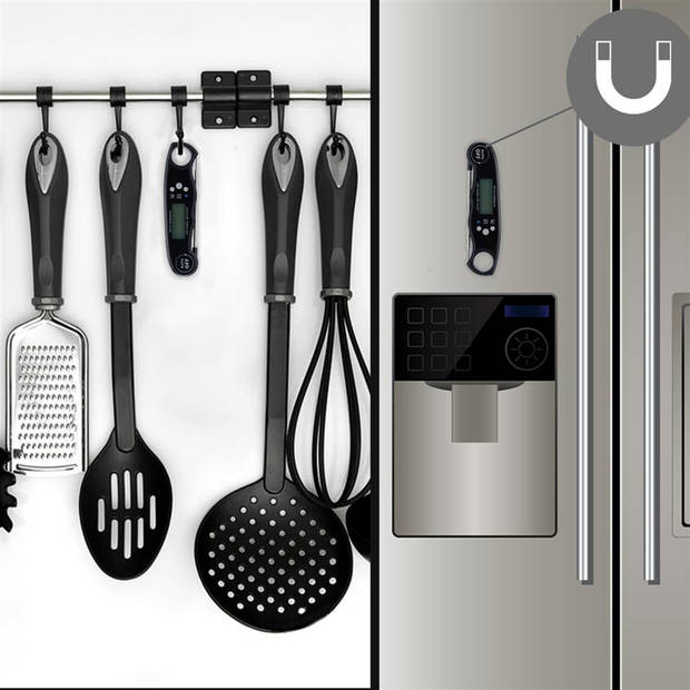 Intirilife opvouwbare keukenthermometer in zwart – digitale waterdichte magnetische thermometer met lcd-display en alarm