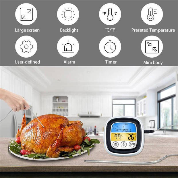 Intirilife barbecue thermometer in wit – digitale bbq thermometer met timer voor grillen en koken