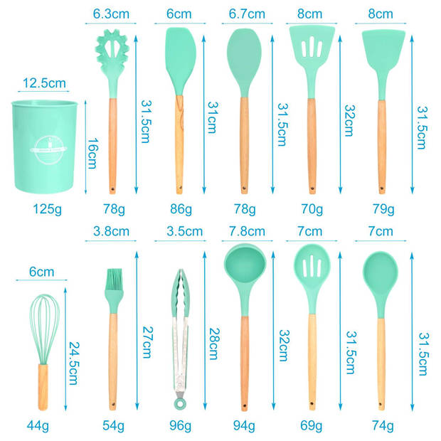 Intirilife 12-delige keukengereiset van siliconen groen turkoois - 12.5 x 32.5 cm met lepel, tang, garde, spatel, kwast