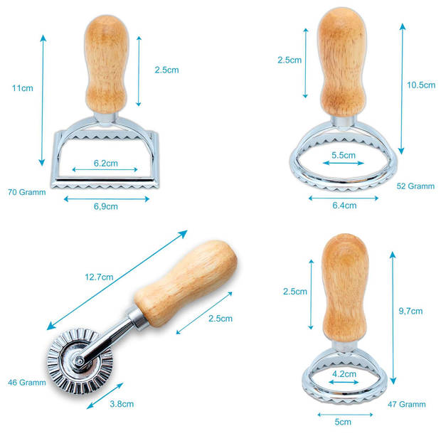 Intirilife 4-delig ravioli uitsteker set, pastastempel 3 uitstekers, 1 pastawiel, met geribbelde randen