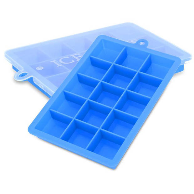 Intirilife 2 x ijsblokjesvorm in blauw, set van 2 à 15 vakken, siliconen vormen met deksel, flexibele ijsblokjeshouder