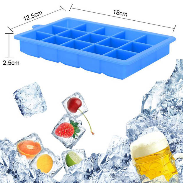 Intirilife 2 x ijsblokjesvorm in blauw, set van 2 à 15 vakken, siliconen vormen met deksel, flexibele ijsblokjeshouder
