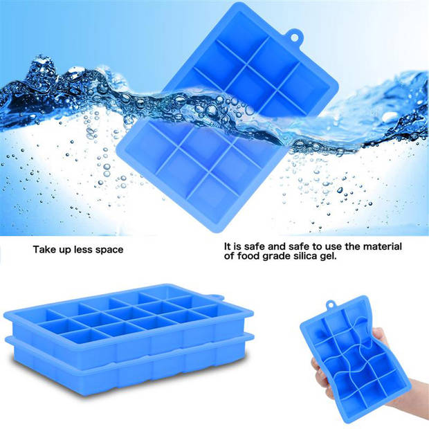 Intirilife 2 x ijsblokjesvorm in blauw, set van 2 à 15 vakken, siliconen vormen met deksel, flexibele ijsblokjeshouder