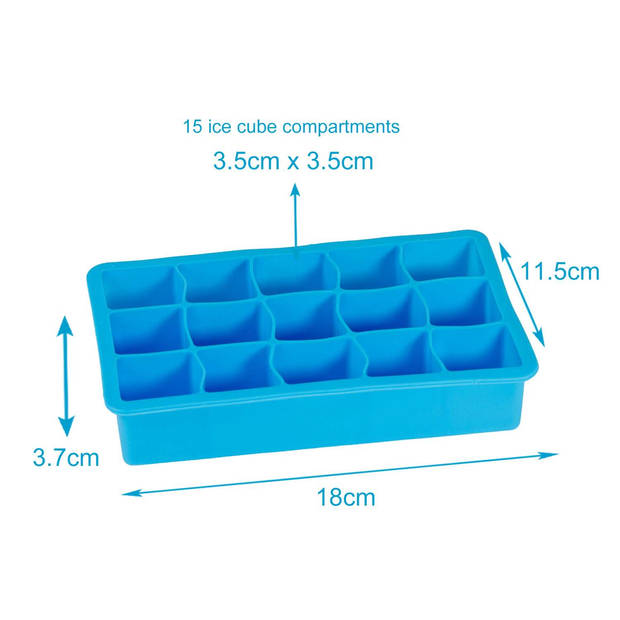 Intirilife ijsblokjesvorm/siliconen vorm in blauw – ijsblokjesvorm met 15 vakken van 3 x 3 x 3 cm voor grote ijsblok