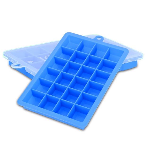 Intirilife 2x ijsblokjesvorm in blauw - set van 2 met 24 vakjes ijsblokjes siliconen vormpjes met deksel