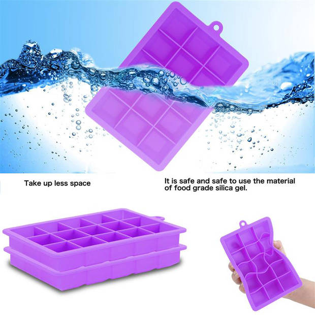 Intirilife 2 x ijsblokjesvorm in lila, set van 2 à 15 vakken, siliconen vormen met deksel, flexibele ijsblokjeshouder