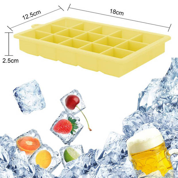 Intirilife 2 x ijsblokjesvorm in geel, set van 2 à 15 vakken, siliconen vormen met deksel, flexibele ijsblokjeshouder
