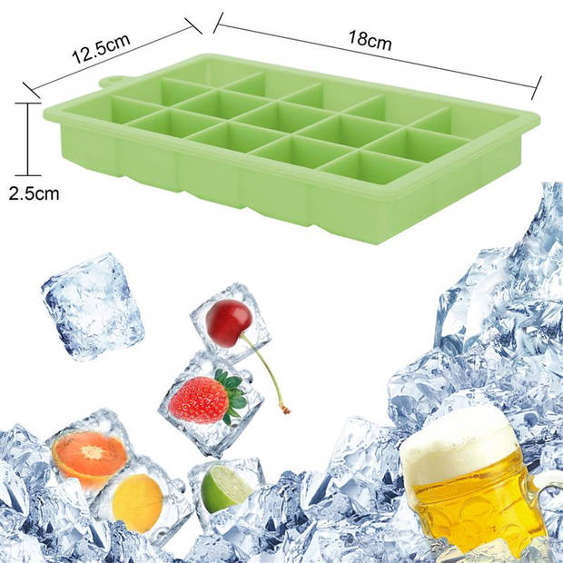 Intirilife 2 x ijsblokjesvorm in groen, set van 2 à 15 vakken, siliconen vormen met deksel, flexibele ijsblokjeshouder