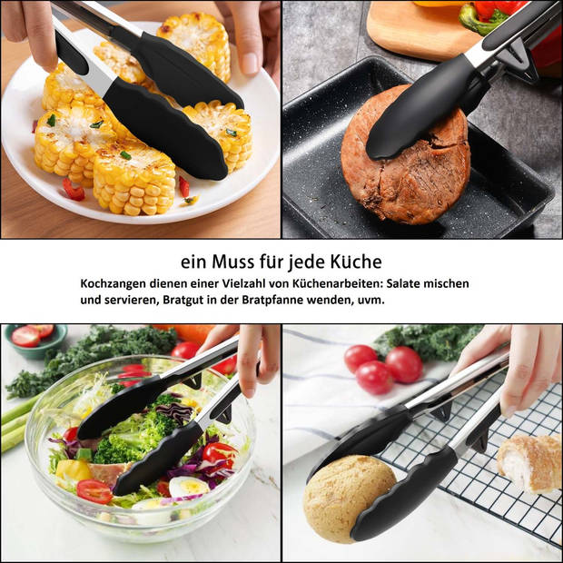 Intirilife set van 2 multifunctionele keukentangen in zwart - grilltangen slascheppen multifunctionele tangen