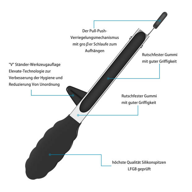 Intirilife set van 2 multifunctionele keukentangen in zwart - grilltangen slascheppen multifunctionele tangen