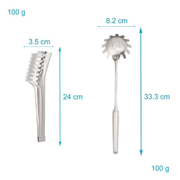 Intirilife 2-delig set spaghettilepel en spaghettitang van roestvrij staal in zilver - noedellepel, pastatang, keukentan