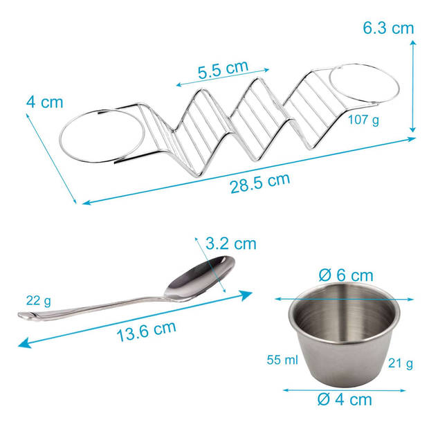 Intirilife taco houder van roestvrij staal voor tot 3 tacos - 2 sauskommen (55 ml elk) - 1 lepel - 28.5 x 6.3 x 4 cm