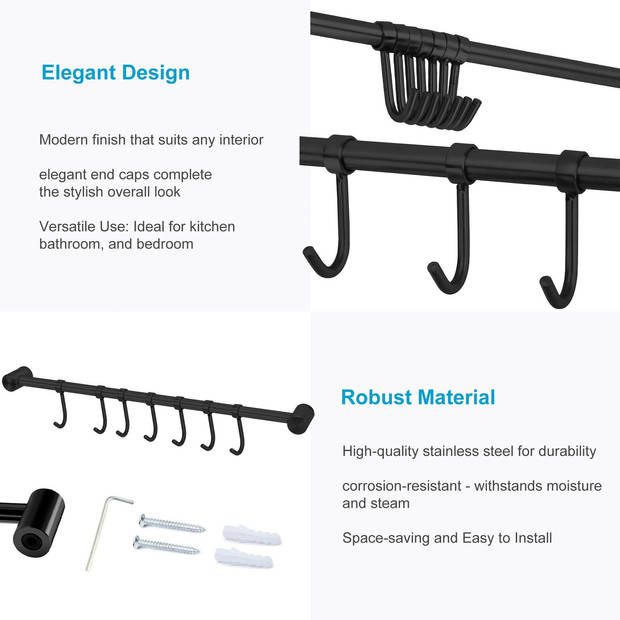 Intirilife rvs ophangrail met 7 haken in zwart - haakrail keukenrail hakenstang keukengereihouder muurbevestiging