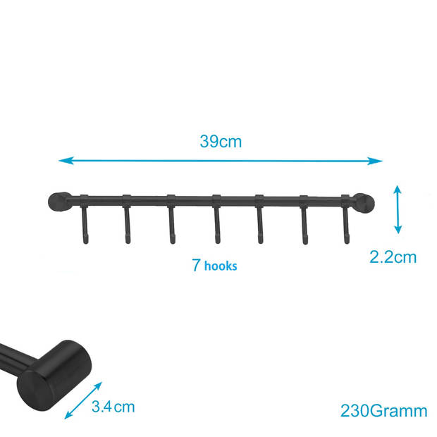 Intirilife rvs ophangrail met 7 haken in zwart - haakrail keukenrail hakenstang keukengereihouder muurbevestiging