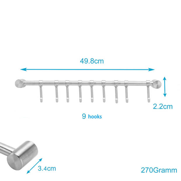 Intirilife roestvrij stalen keukenstang met 9 haken - keukenreling keukengereihouder wandhouder keukenhaken