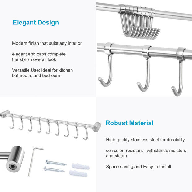 Intirilife roestvrij stalen keukenstang met 9 haken - keukenreling keukengereihouder wandhouder keukenhaken