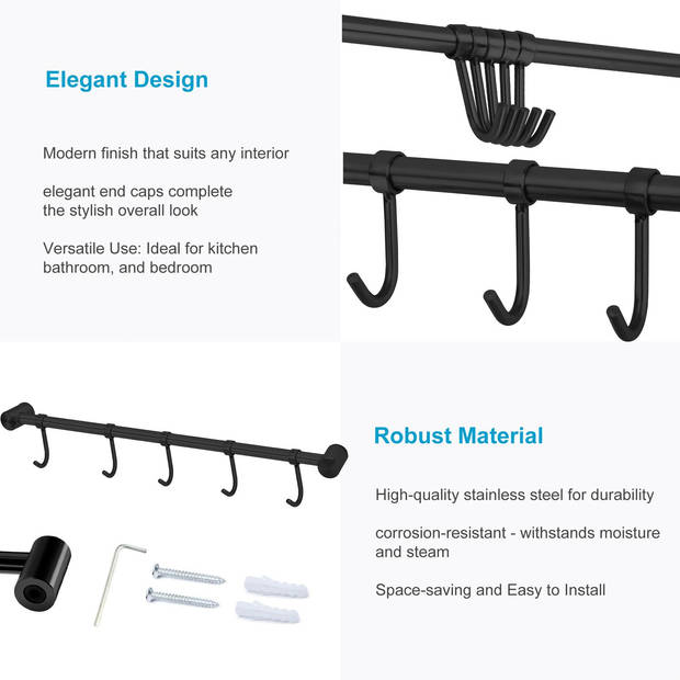Intirilife rvs ophangrail met 5 haken in zwart - haakrail keukenrail hakenstang keukengereihouder muurbevestiging