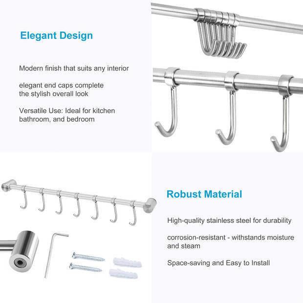 Intirilife roestvrij stalen keukenstang met 7 haken - keukenreling keukengereihouder wandhouder keukenhaken