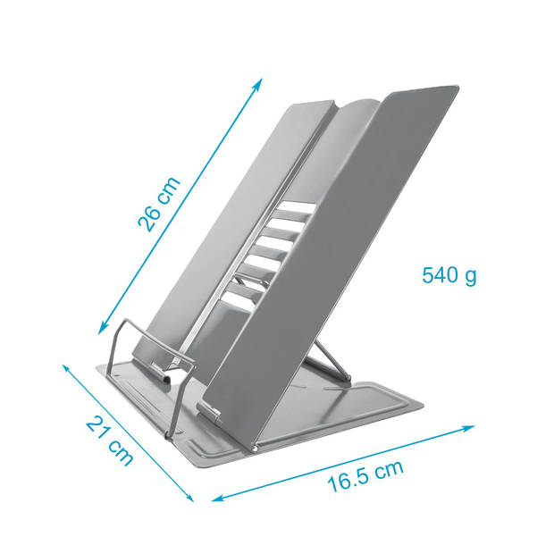 Intirilife leesstandaard van metalen in lichtgrijs - 21 x 16.5 x 20.3 cm - in hoogte verstelbare boekenstandaard