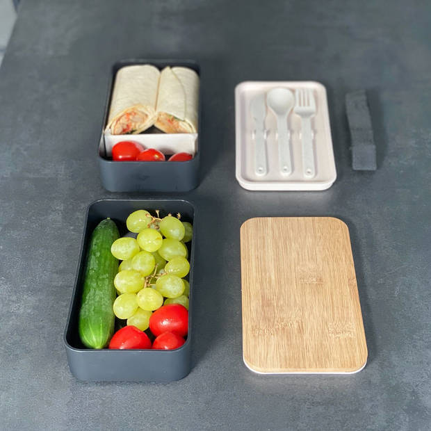 Intirilife lunchbox bento box met 3 compartimenten en bestek in het zwart - 18.5 x 10.5 x 9.3 cm - broodtrommel