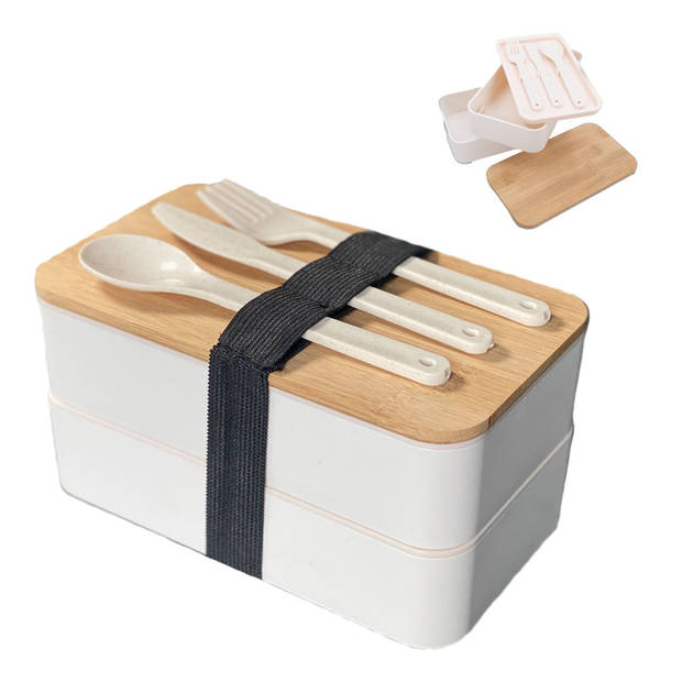 Intirilife lunchbox bento box met 3 compartimenten en bestek in het wit - 18.5 x 10.5 x 9.3 cm - broodtrommel