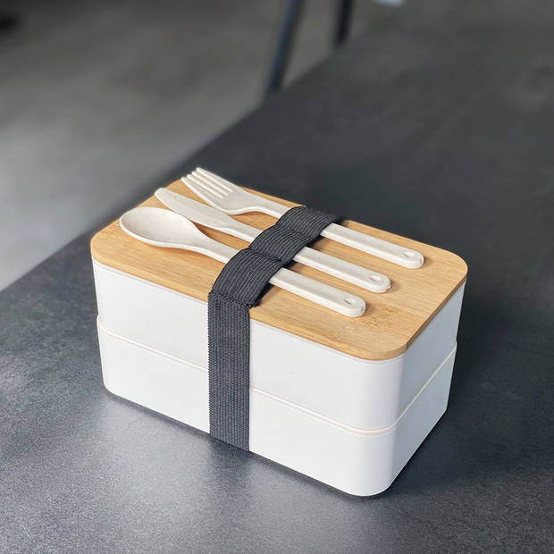 Intirilife lunchbox bento box met 3 compartimenten en bestek in het wit - 18.5 x 10.5 x 9.3 cm - broodtrommel