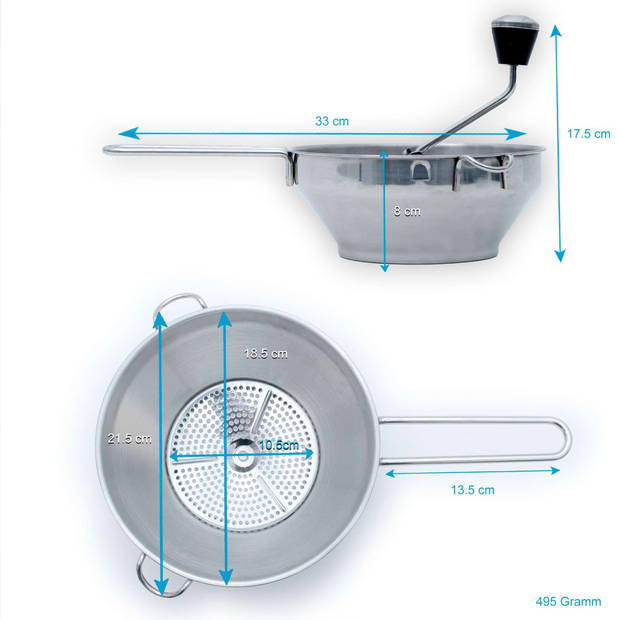 Intirilife passier roestvrijstalen molen met 3 zeefinzetten - 18,5 / 11,5 x 8 cm - keuken puree zeefinzetpers