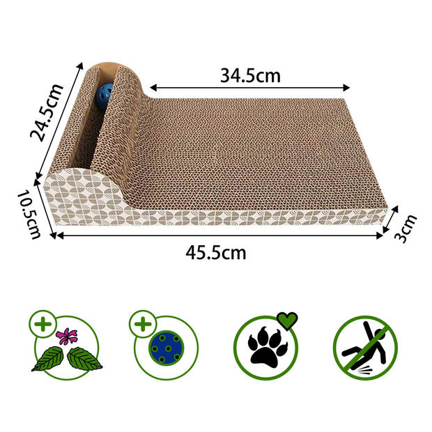 Intirilife interactieve krabplank kattenspeelgoed van bruin golfkarton met 45.5 x 24.5 x 10.5 cm formaat