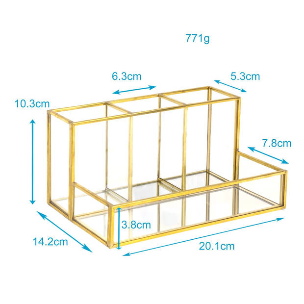 Intirilife make up organiser van glas voor cosmetica met gouden rand en spiegelbasis - 20,1 x 14,2 x 10,3 cm