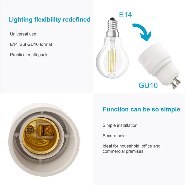 Intirilife gu10 naar e14 lampvoet adapter in wit - 4x lampadapter voor het omvormen van gu10 naar e14