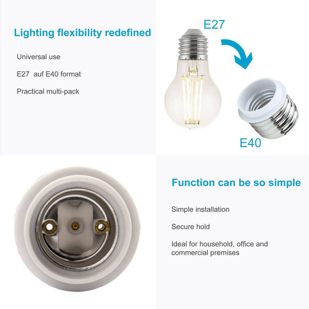 Intirilife e40 naar e27 lampvoet adapter in wit - 4x lampadapter voor het omvormen van e40 naar e27-