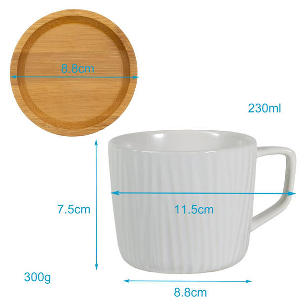 Intirilife koffiekop met noords geribbeld patroon in wit - 230 ml - theekop van keramiek met houten onderzetter