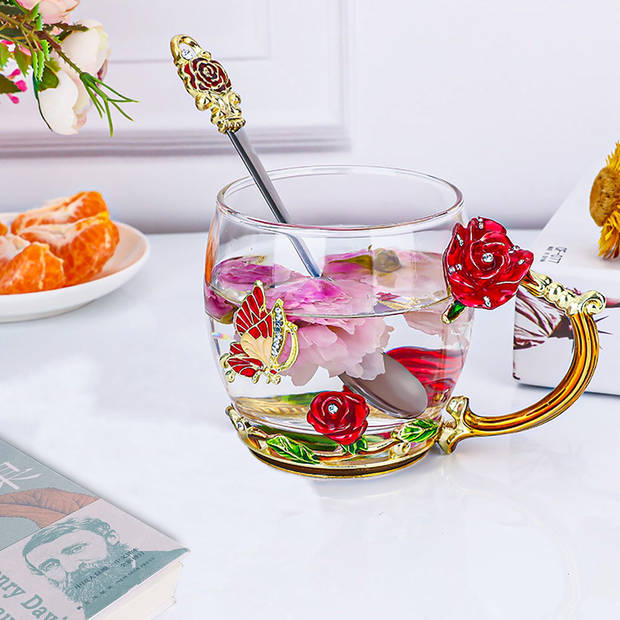 Intirilife vlinder theekopje bloemkopje koffiekopje in goud - rood - paars - 330 ml - gemaakt van hittebestendig glas
