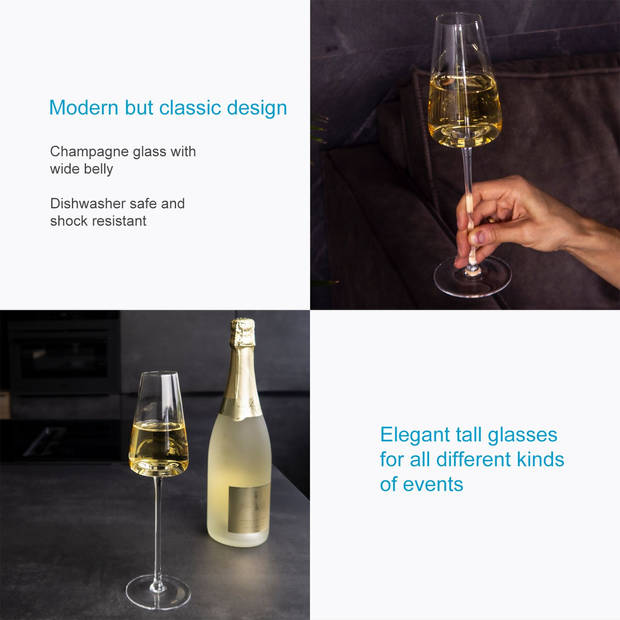 Intirilife 6x champagneglas met modern design - 220 ml - glas voor mousserende wijn, prosecco, vaatwasmachinebestendig