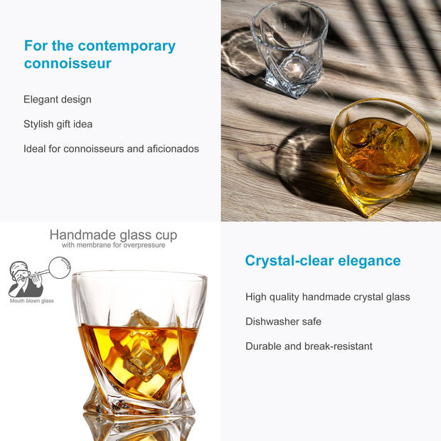 Intirilife 2x whiskyglas in crystal clear 'twisted' - ouderwets whisky kristallen glas loodvrij in sculpturaal design