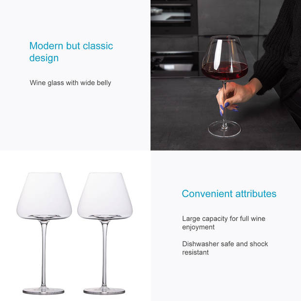 Intirilife 2x wijnglas met modern design - 600 ml inhoud - witte wijn rode wijn glas, kelk, vaatwasmachinebestendig