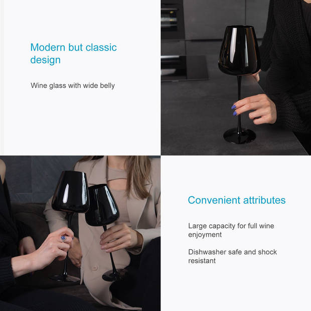 Intirilife 4x wijnglas met modern design in zwart - 500 ml - witte wijn rode wijn glas, kelk, vaatwasmachinebestendig