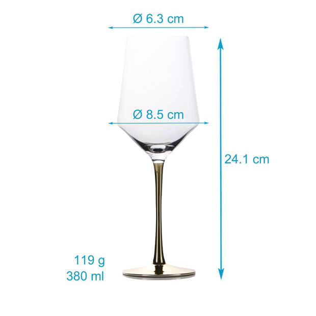 Intirilife 2x wijnglas met goudkleurige steel - 380 ml inhoud - rode wijn wit wijnglas bokaal kristalglas schokbestendig