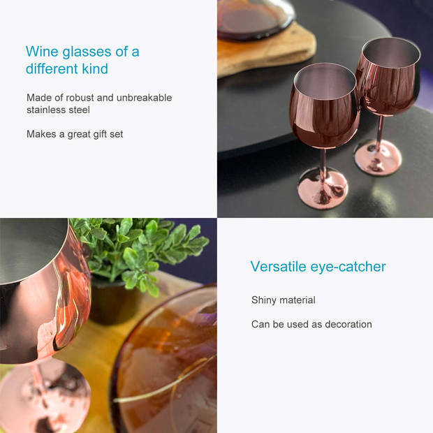 Intirilife 2x wijnglazen van roestvrij staal in glanzend roségoud - 21 x 9 cm - 400 ml - rode wijn witte wijnglazen