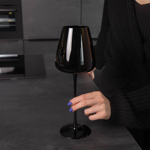 Intirilife 2x wijnglas met modern design in zwart - 500 ml - witte wijn rode wijn glas, kelk, vaatwasmachinebestendig