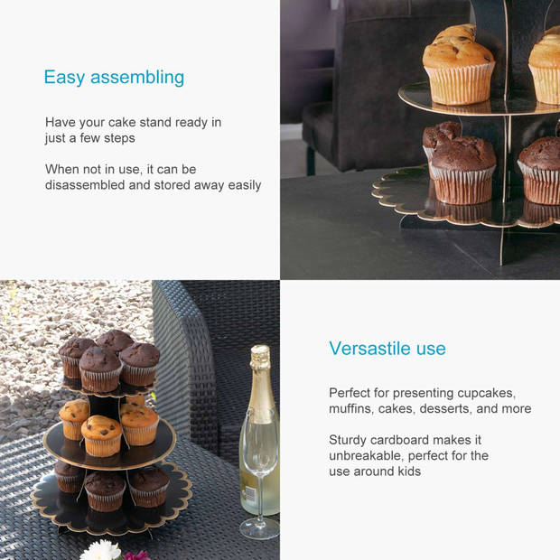 Intirilife kartonnen taartstandaard met 3 niveaus in zwart - 29 / 21.5 / 16 x 35 cm - muffinstandaard van karton