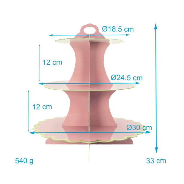 Intirilife kartonnen taartstandaard met 3 niveaus in roze - 29 / 21.5 / 16 x 35 cm - muffinstandaard van karton